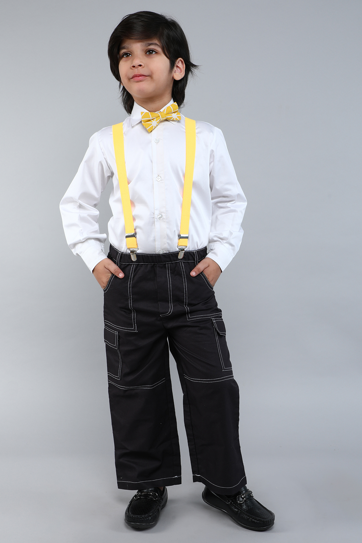 White & Yellow Cotton Silk Shirt With Suspender Set for Boys  by Little Clothings