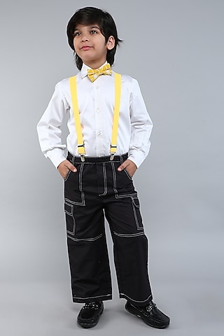 White & Yellow Cotton Silk Shirt With Suspender Set for Boys  by Little Clothings
