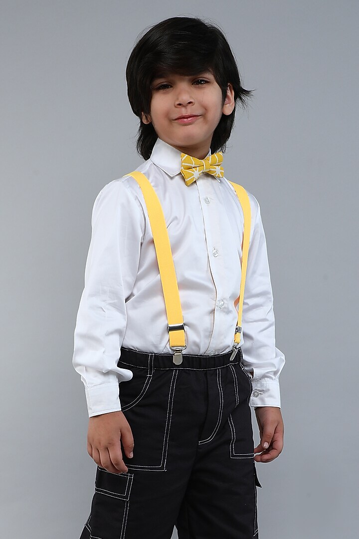 White & Yellow Cotton Silk Shirt With Suspender Set for Boys  by Little Clothings at Pernia's Pop Up Shop