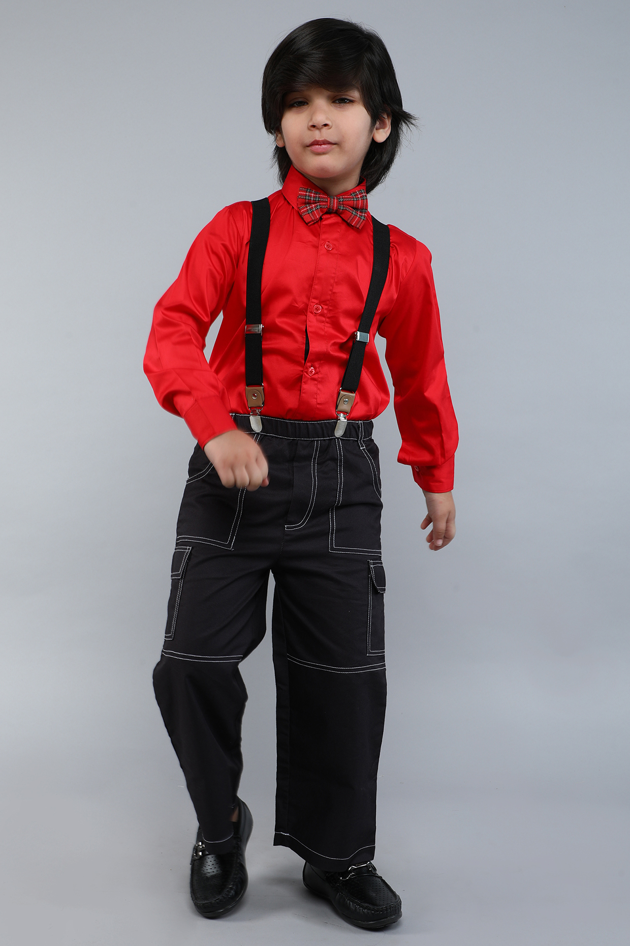 Red & Black Pure Cotton Silk Shirt With Suspender Set For Boys by Little Clothings