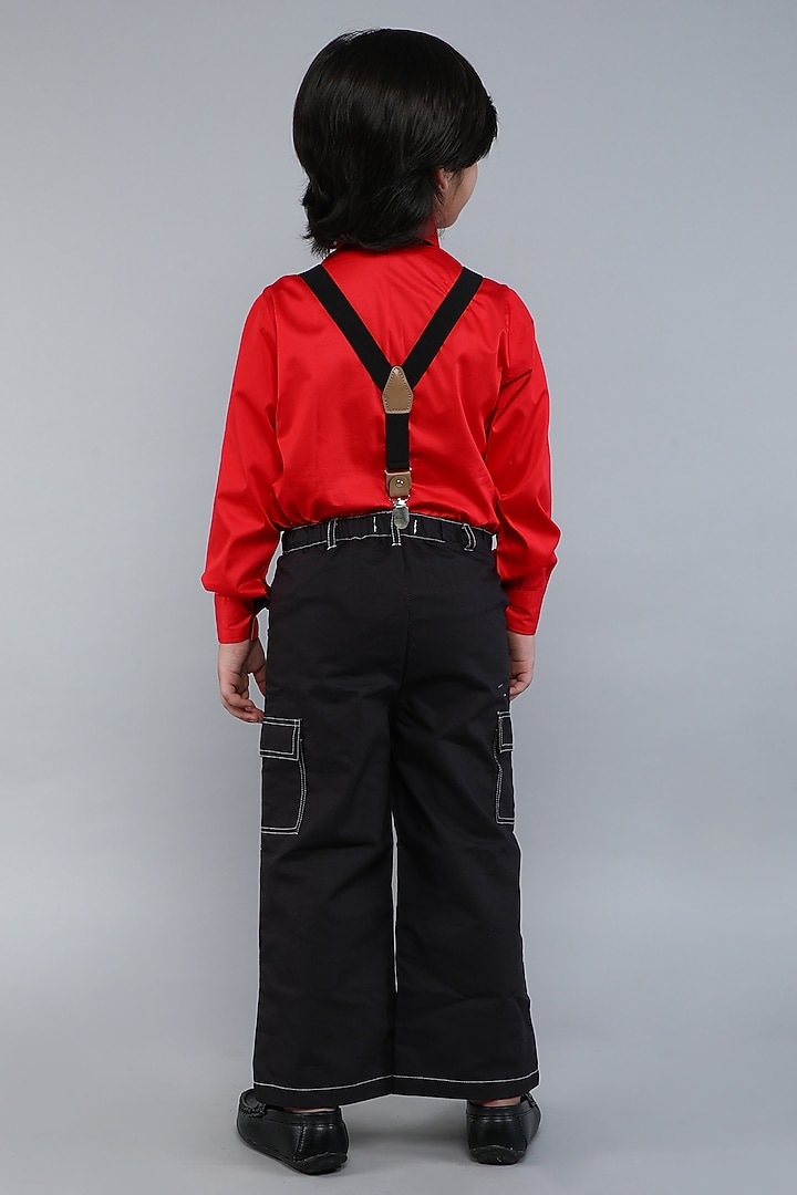 Red & Black Pure Cotton Silk Shirt With Suspender Set For Boys by Little Clothings at Pernia's Pop Up Shop