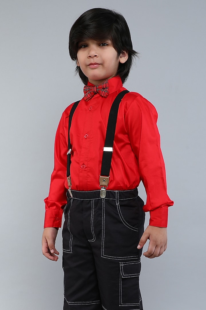 Red & Black Pure Cotton Silk Shirt With Suspender Set For Boys by Little Clothings at Pernia's Pop Up Shop