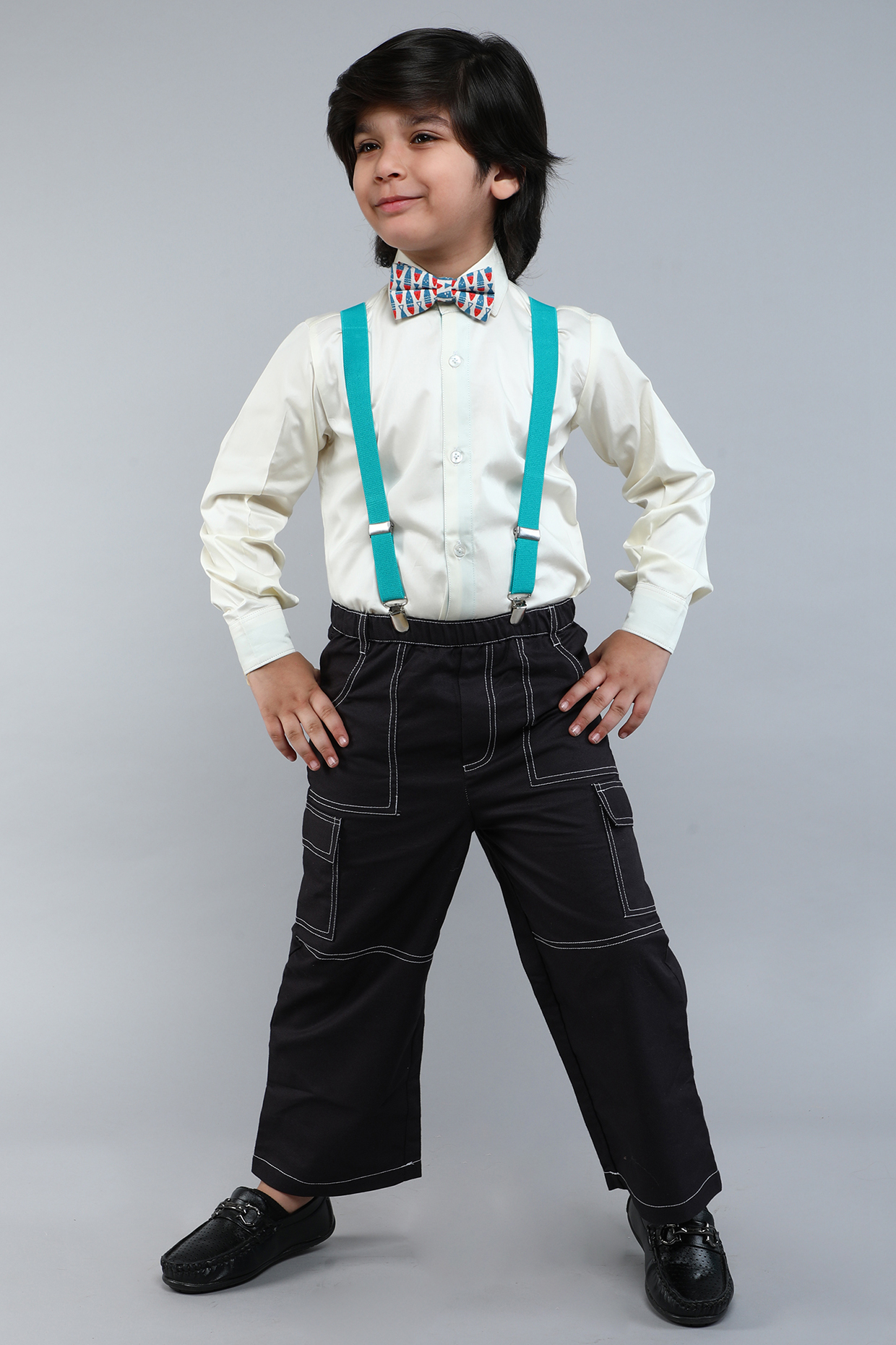 Off-White & Blue Pure Cotton Silk Shirt With Suspender Set For Boys by Little Clothings