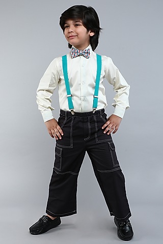 Off-White & Blue Pure Cotton Silk Shirt With Suspender Set For Boys by Little Clothings