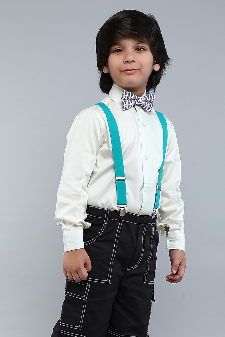 Off-White & Blue Pure Cotton Silk Shirt With Suspender Set For Boys by Little Clothings at Pernia's Pop Up Shop