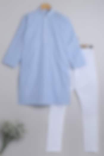 Blue Pure Cotton Embroidered Kurta Set For Boys by Li'l Me
