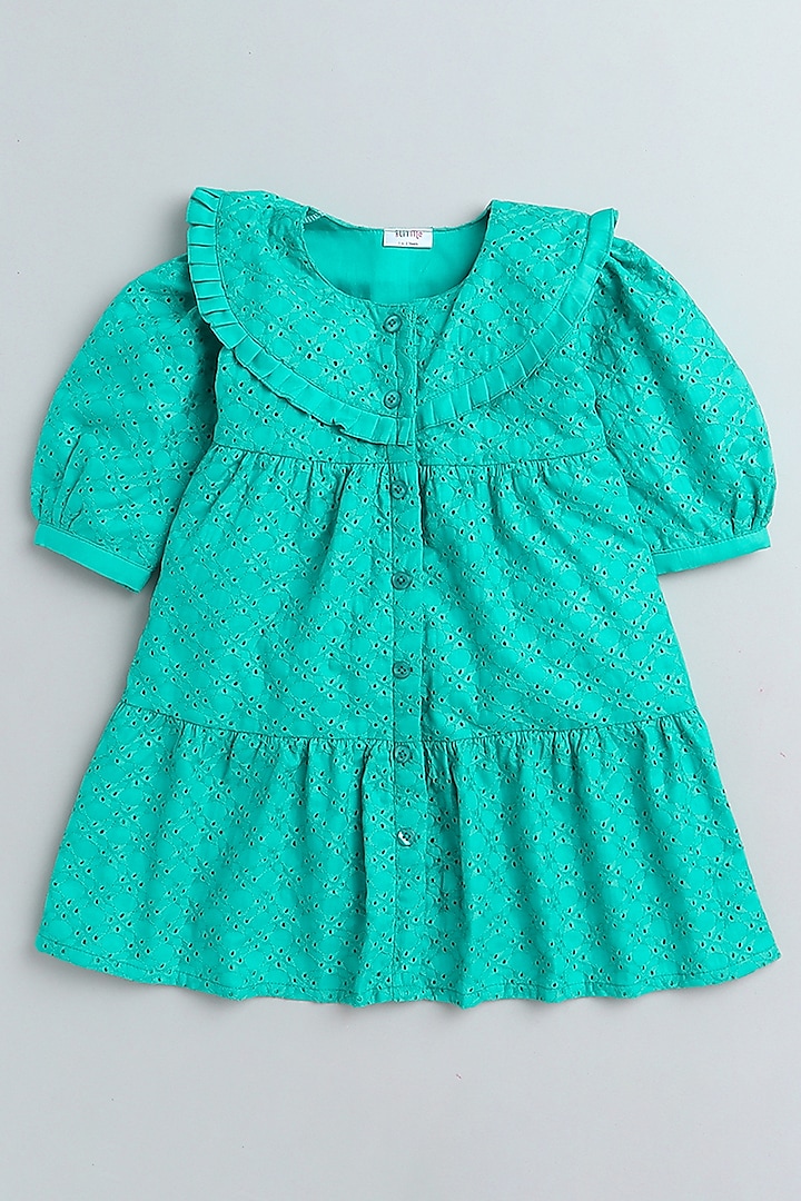 Green Organic Cotton Embroidered Dress For Girls by Li'l Me