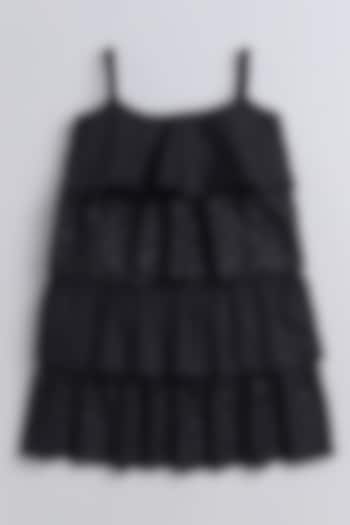 Black Organic Cotton Embroidered Layered Dress For Girls by Li'l Me