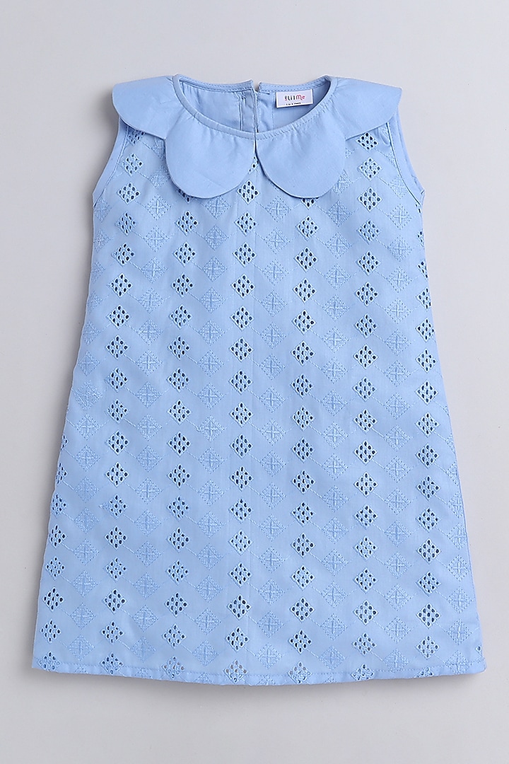 Blue Organic Cotton Embroidered Dress For Girls by Li'l Me