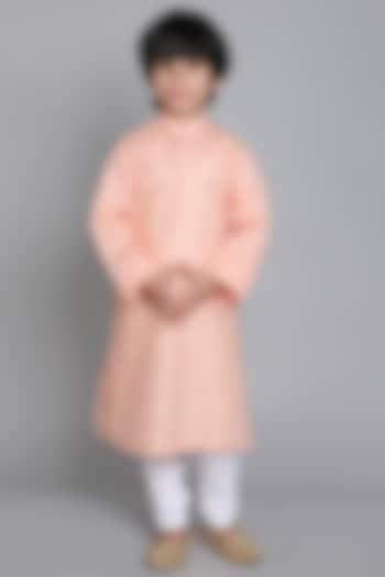 Peach Pure Linen Linen Mirror Embroidered Kurta Set For Boys by Little Clothings