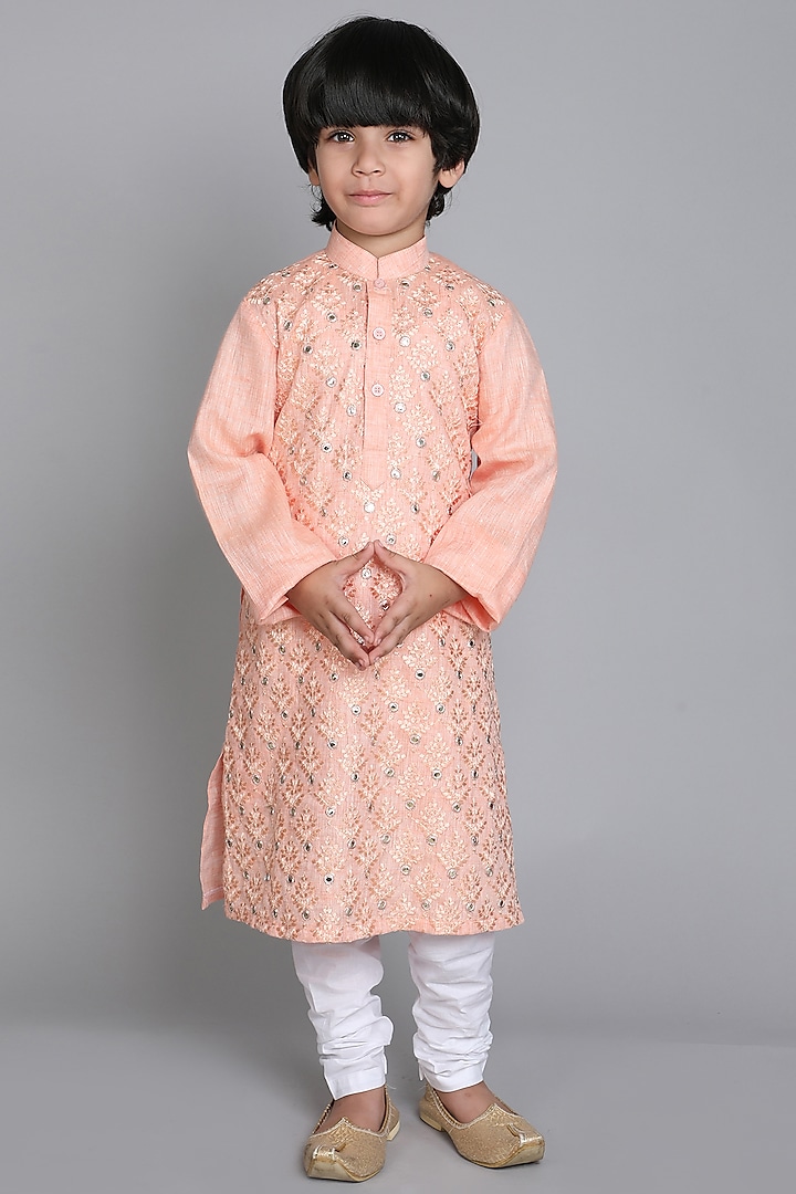 Peach Pure Linen Linen Mirror Embroidered Kurta Set For Boys by Little Clothings