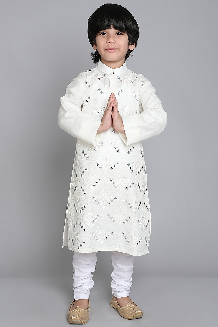 Off-White Pure Linen Mirror Embroidered Kurta Set For Boys by Little Clothings