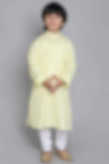 Yellow Pure Linen Zari Embroidered Kurta Set For Boys by Little Clothings