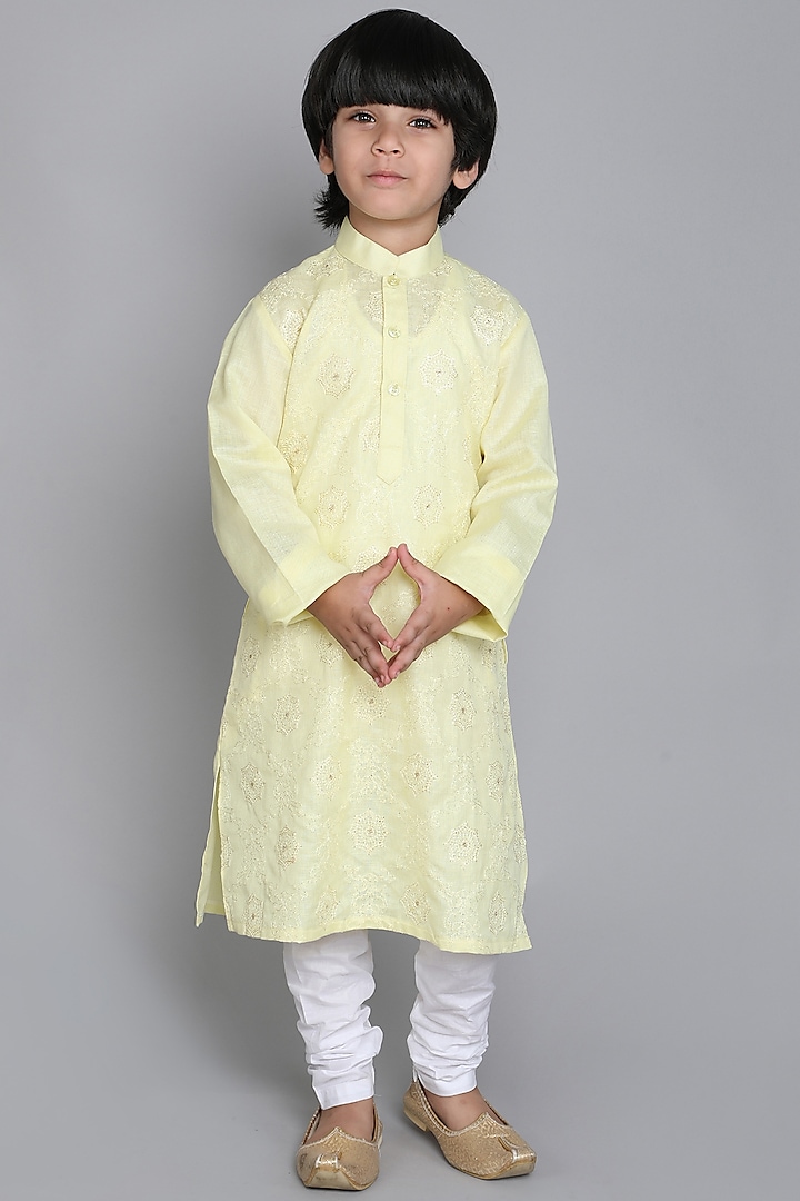 Yellow Pure Linen Embroidered Kurta Set For Boys by Little Clothings at Pernia's Pop Up Shop