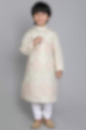 Cream Pure Linen Zari Embroidered Kurta Set For Boys by Little Clothings