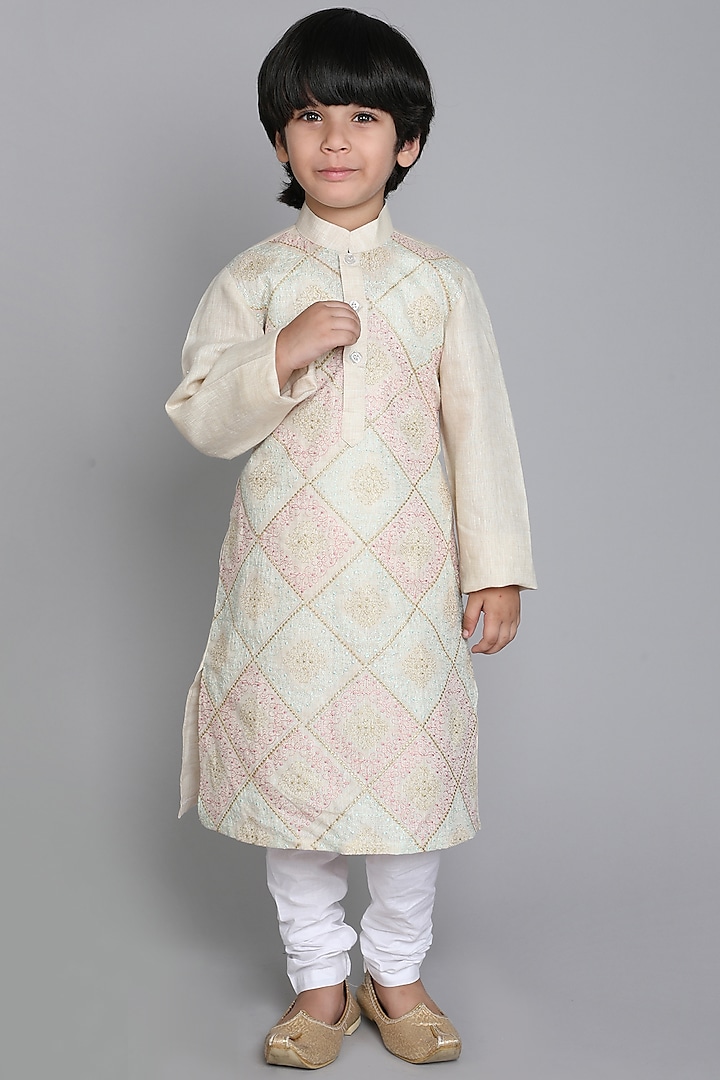 Cream Pure Linen Zari Embroidered Kurta Set For Boys by Little Clothings