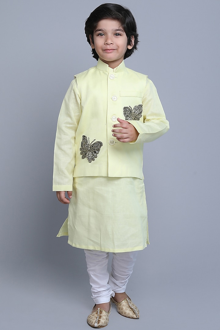 Yellow Linen Zari & Thread Nehru Jacket Set For Boys by Little Clothings