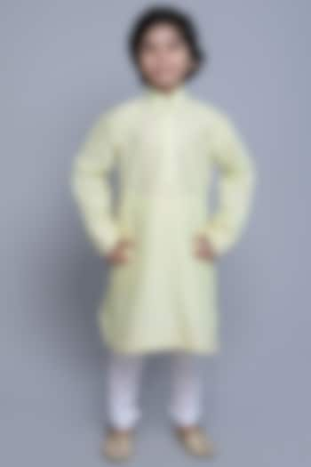 Yellow Linen Zari & Thread Kurta Set For Boys by Little Clothings