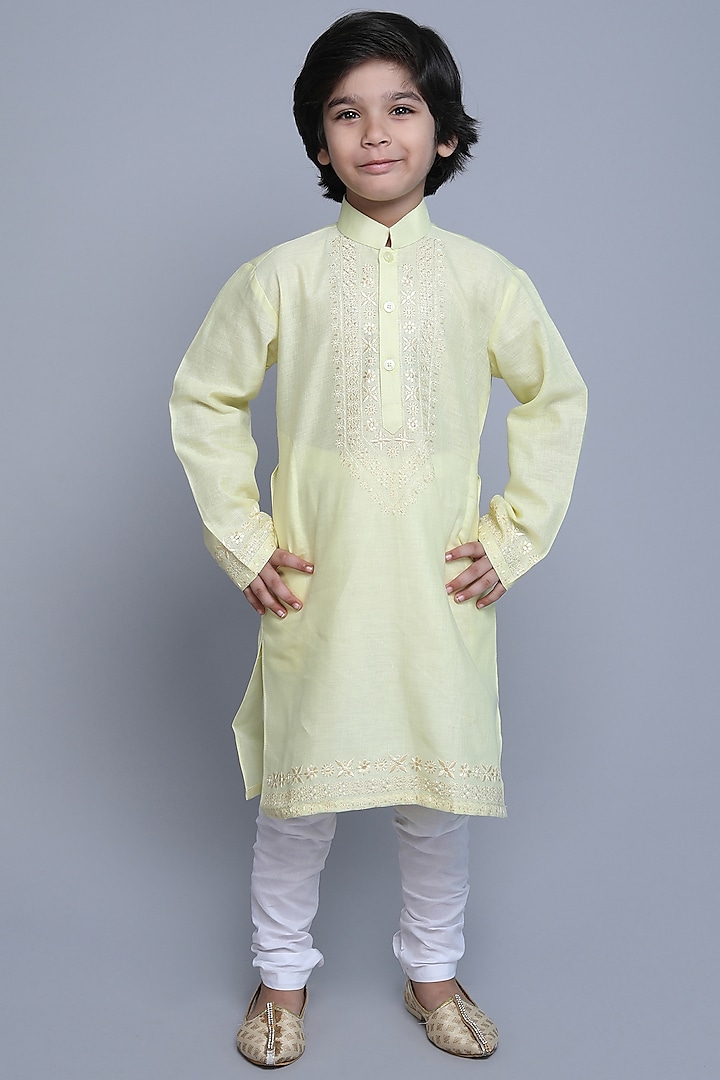 Yellow Linen Zari & Thread Kurta Set For Boys by Little Clothings