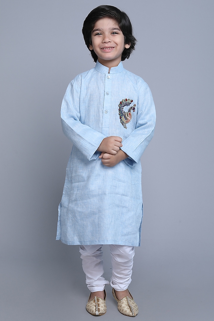 Blue Linen Zari & Thread Kurta Set For Boys by Little Clothings at Pernia's Pop Up Shop