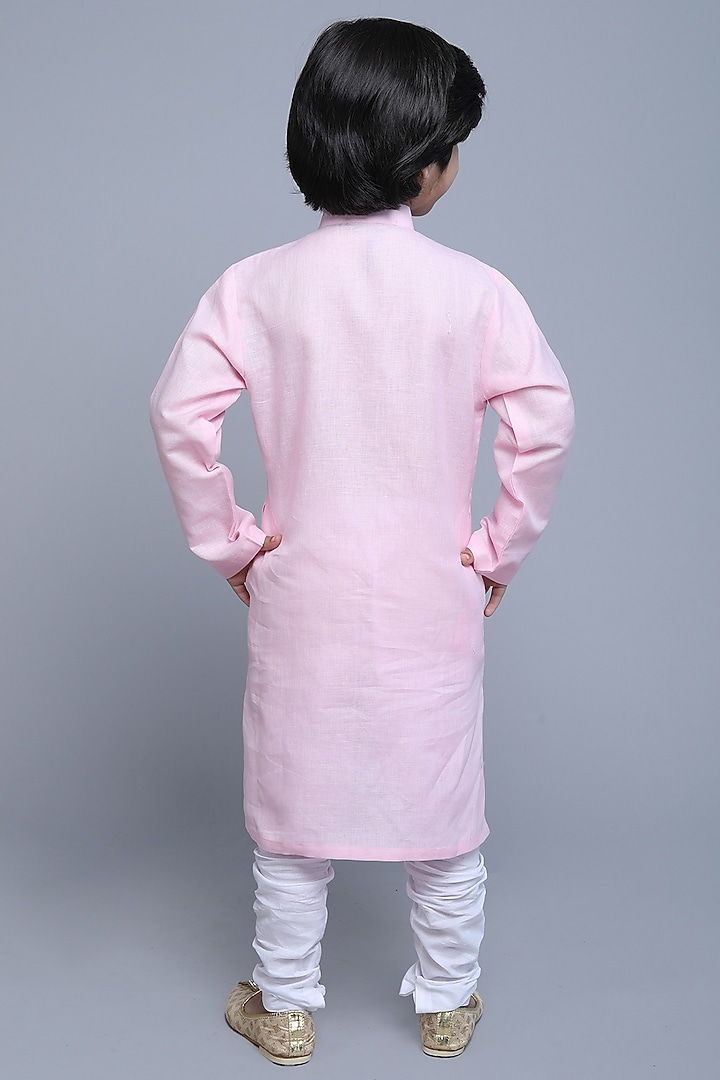 Pink Linen Zari & Thread Kurta Set For Boys by Little Clothings at Pernia's Pop Up Shop