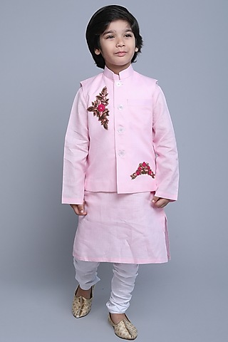 Pink Linen Zari & Thread Nehru Jacket Set For Boys by Little Clothings