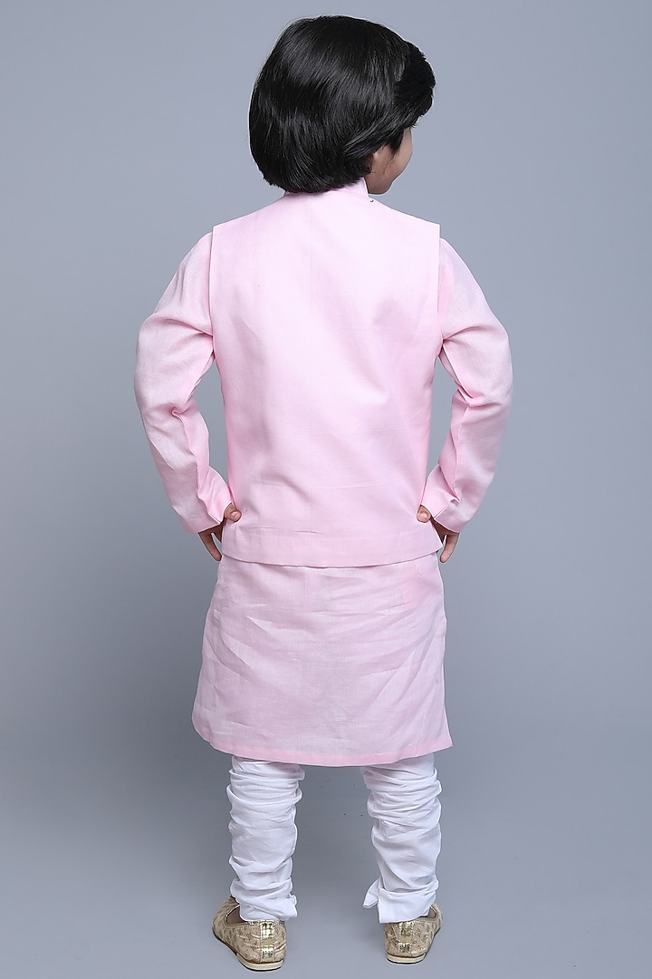 Pink Linen Zari & Thread Nehru Jacket Set For Boys by Little Clothings at Pernia's Pop Up Shop