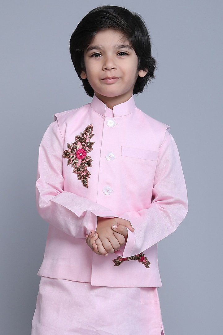 Pink Linen Zari & Thread Nehru Jacket Set For Boys by Little Clothings at Pernia's Pop Up Shop