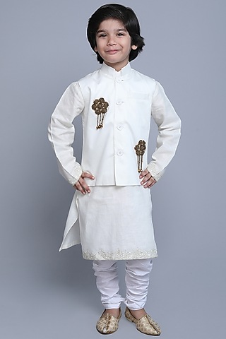 Off-White Cotton Silk Hand Embroidered Nehruu Jacket Set by Little Clothings