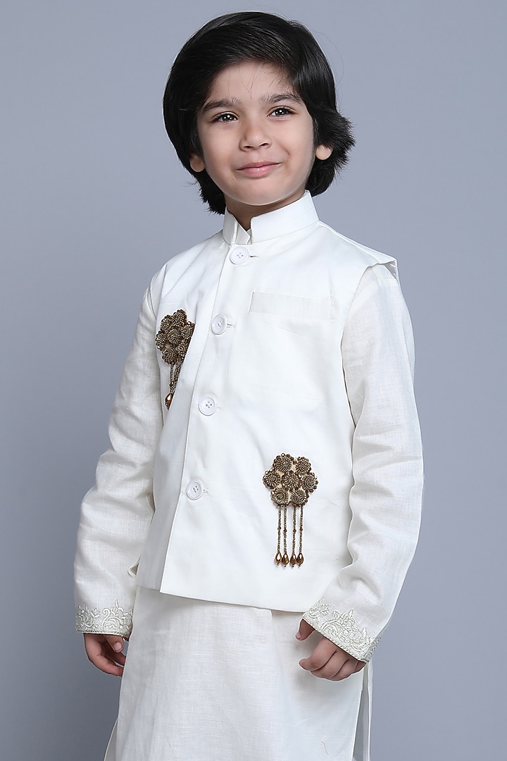 Off-White Cotton Silk Hand Embroidered Nehruu Jacket Set by Little Clothings at Pernia's Pop Up Shop