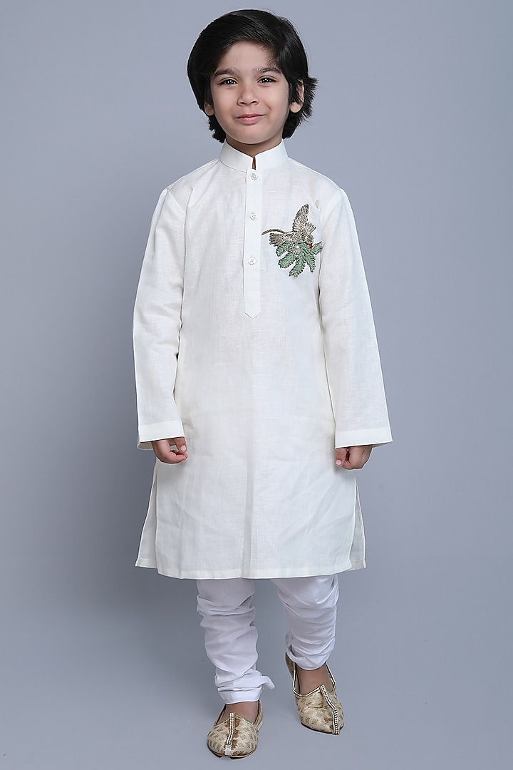 Off-White Linen Hand Embroidered Kurta Set by Little Clothings