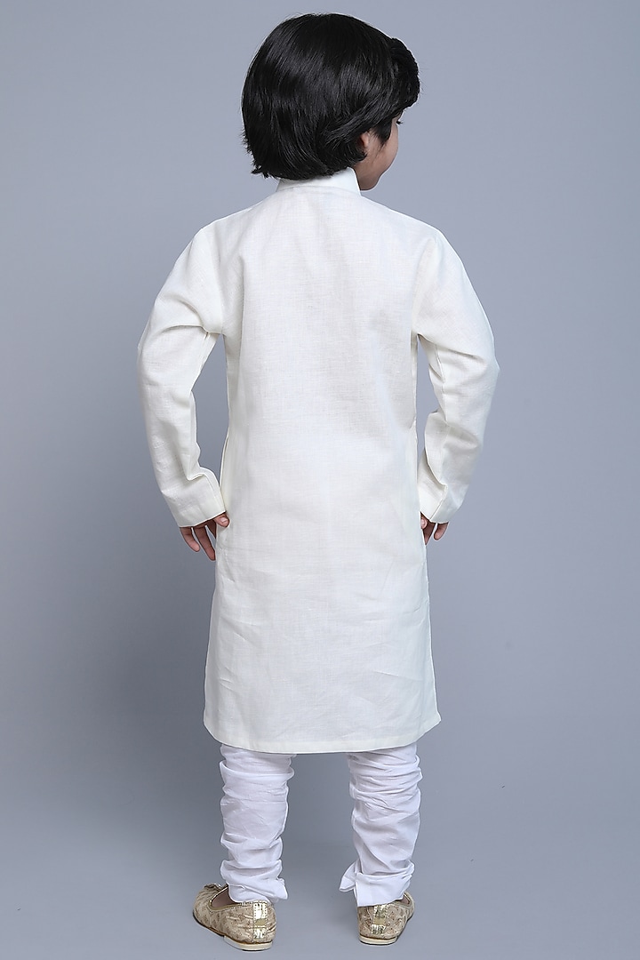 Off-White Linen Hand Embroidered Kurta Set by Little Clothings at Pernia's Pop Up Shop