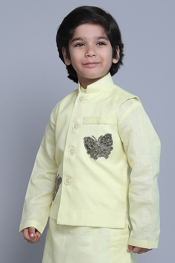 Yellow Linen Thread & Zari Embroidered Nehru Jacket For Boys by Little Clothings at Pernia's Pop Up Shop