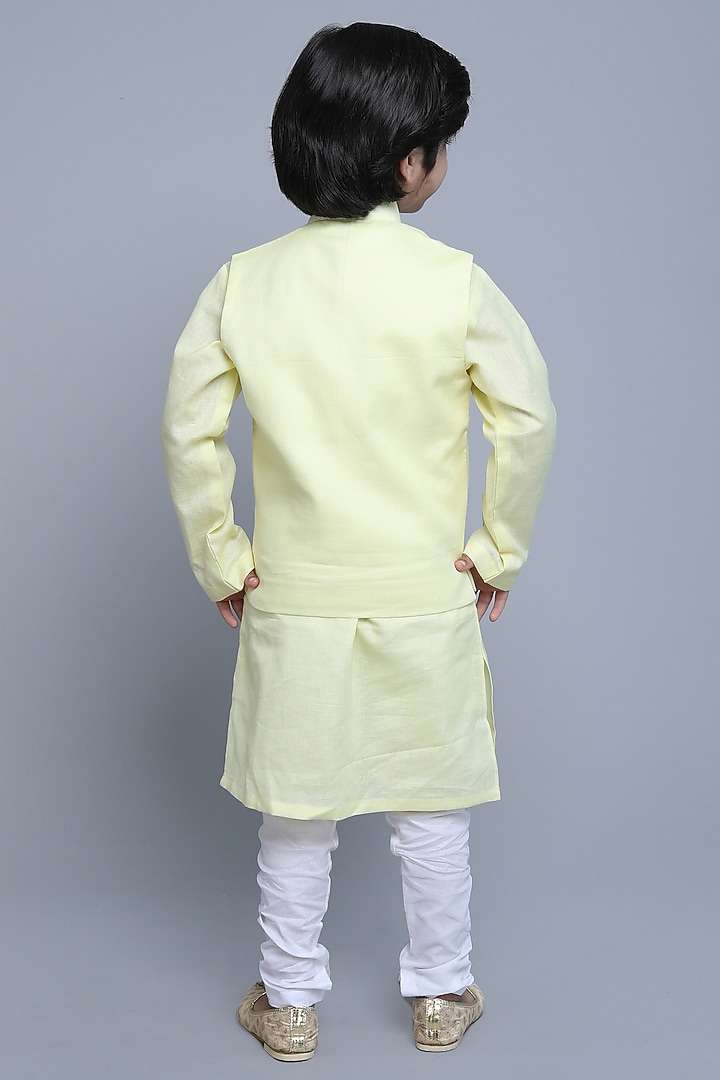 Yellow Linen Thread & Zari Embroidered Nehru Jacket For Boys by Little Clothings at Pernia's Pop Up Shop