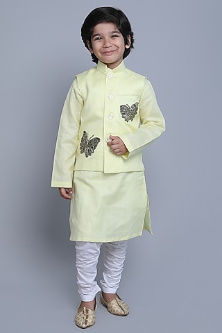 Yellow Linen Thread & Zari Embroidered Nehru Jacket For Boys by Little Clothings