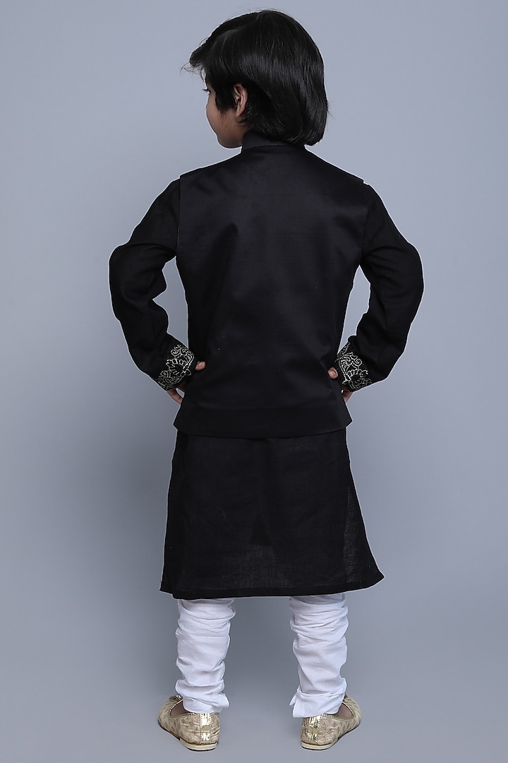 Black Cotton Silk Thread & Zari Embroidered Nehru Jacket For Boys by Little Clothings at Pernia's Pop Up Shop