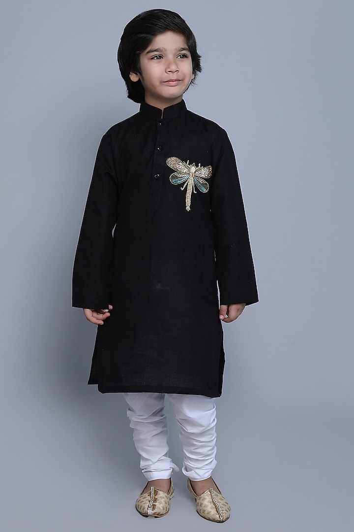 Black Cotton Silk Thread & Zari Embroidered Nehru Jacket For Boys by Little Clothings at Pernia's Pop Up Shop