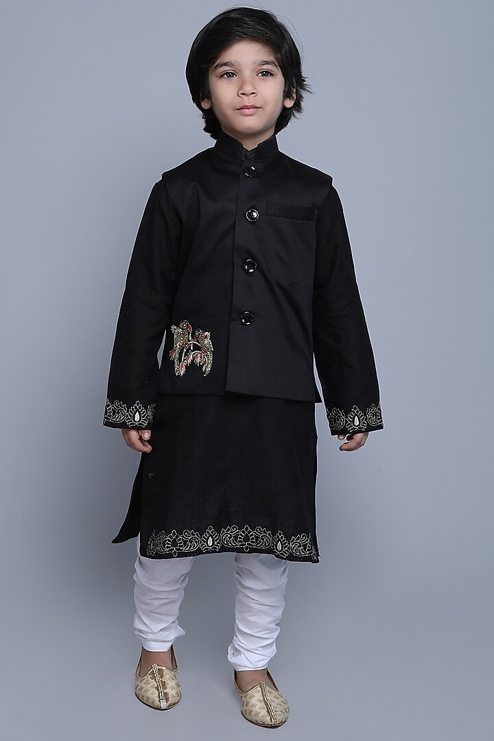 Black Cotton Silk Thread & Zari Embroidered Nehru Jacket For Boys by Little Clothings at Pernia's Pop Up Shop