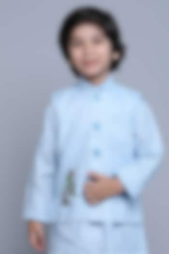 Blue Linen Thread & Zari Embroidered Nehru Jacket For Boys by Little Clothings