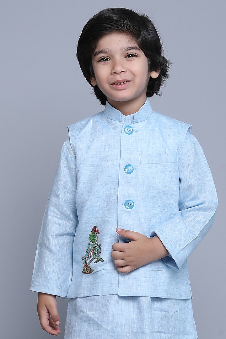 Blue Cotton Silk Thread & Zari Embroidered Nehru Jacket For Boys by Little Clothings