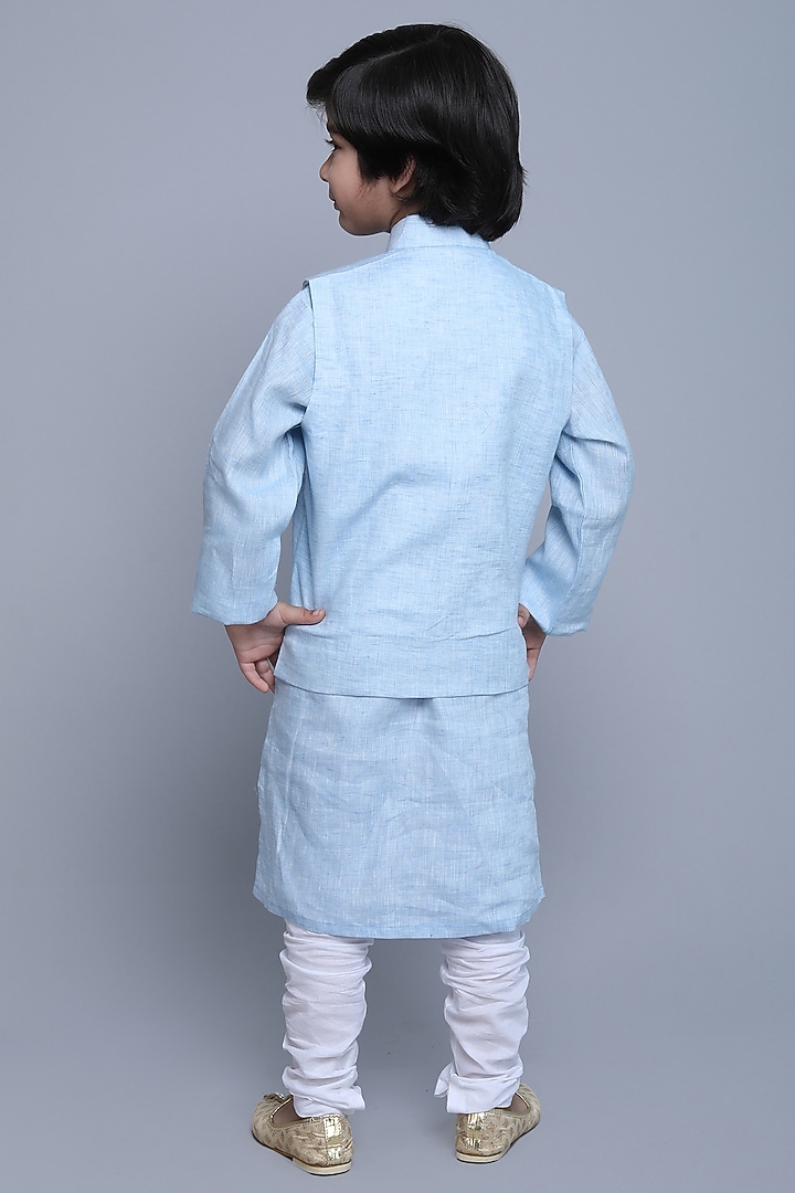 Blue Linen Thread & Zari Embroidered Nehru Jacket For Boys by Little Clothings at Pernia's Pop Up Shop