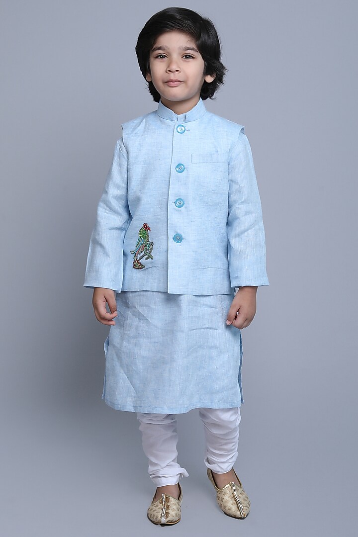 Blue Linen Thread & Zari Embroidered Nehru Jacket For Boys by Little Clothings at Pernia's Pop Up Shop