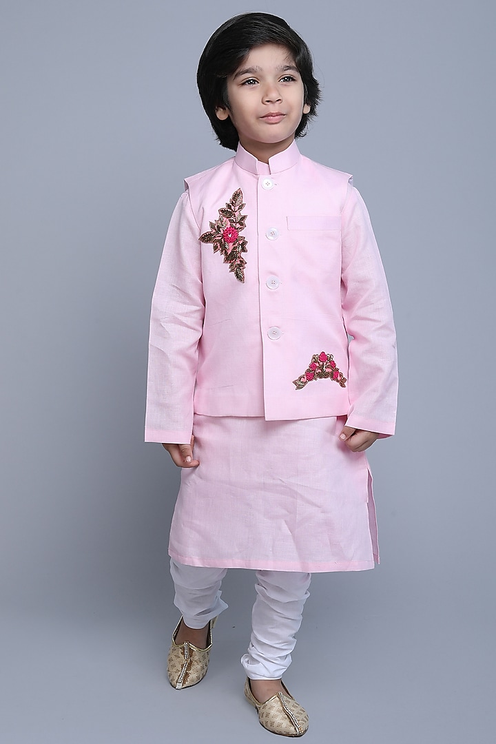 Pink Linen Thread & Zari Embroidered Nehru Jacket For Boys by Little Clothings