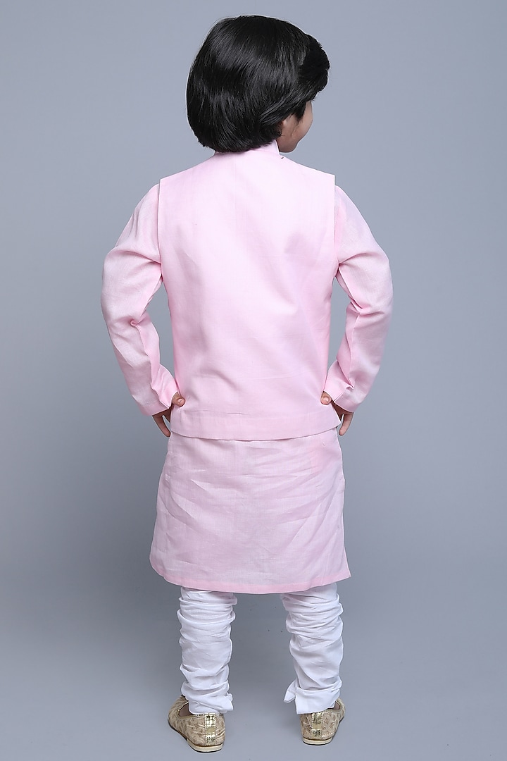 Pink Linen Thread & Zari Embroidered Nehru Jacket For Boys by Little Clothings at Pernia's Pop Up Shop