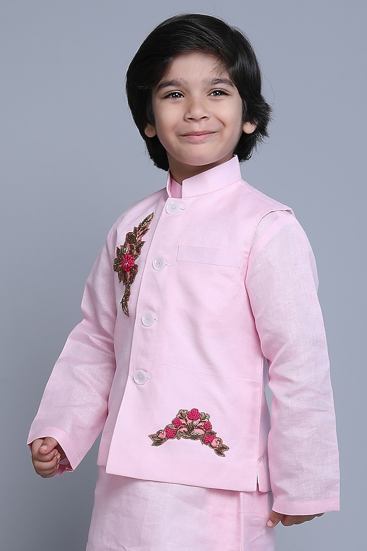 Pink Linen Thread & Zari Embroidered Nehru Jacket For Boys by Little Clothings at Pernia's Pop Up Shop