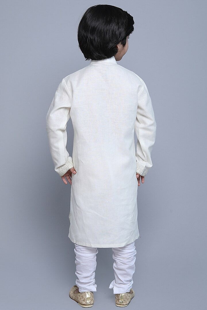 White Cotton Silk Thread & Zari Embroidered Nehru Jacket For Boys by Little Clothings at Pernia's Pop Up Shop