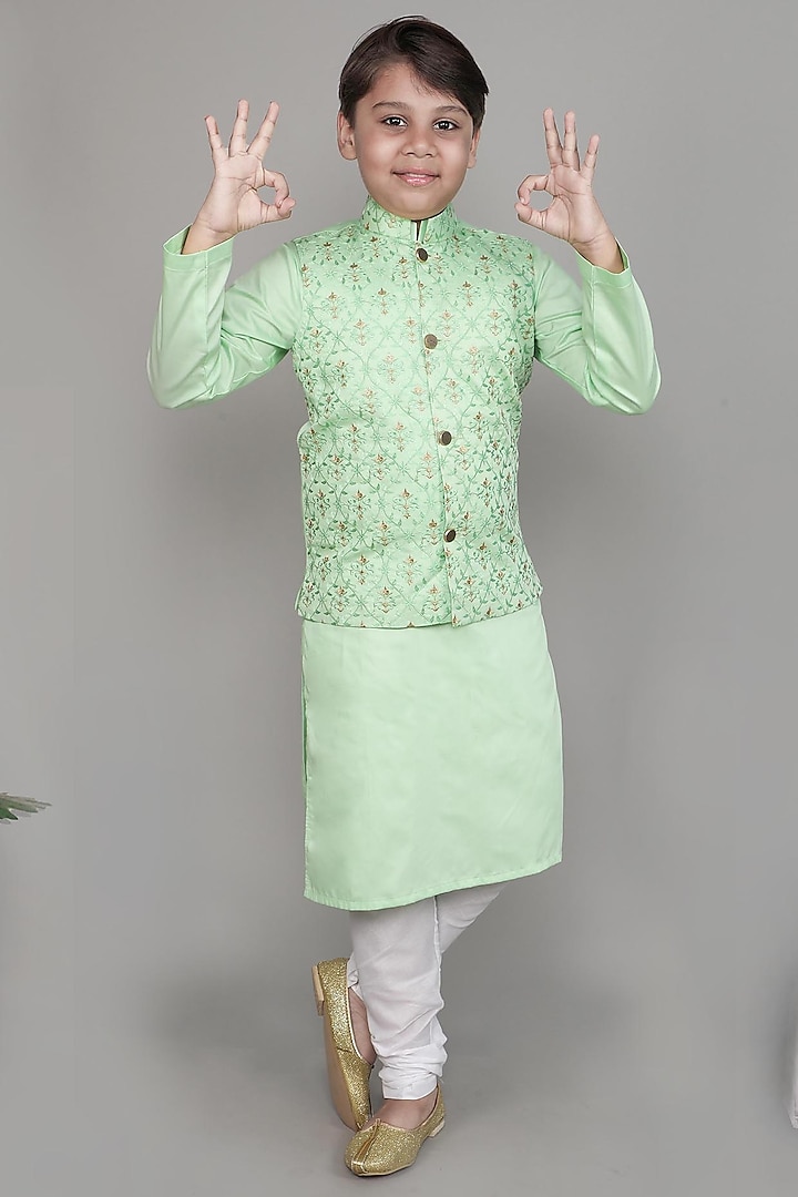Lime Green Cotton Silk Embroidered Nehru Jacket Set For Boys by Li'l Me