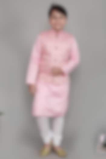 Pink Cotton Silk Embroidered Nehru Jacket Set For Boys by Li'l Me