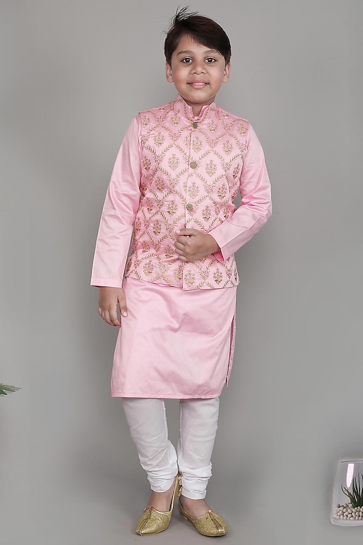 Pink Cotton Silk Embroidered Nehru Jacket Set For Boys by Li'l Me