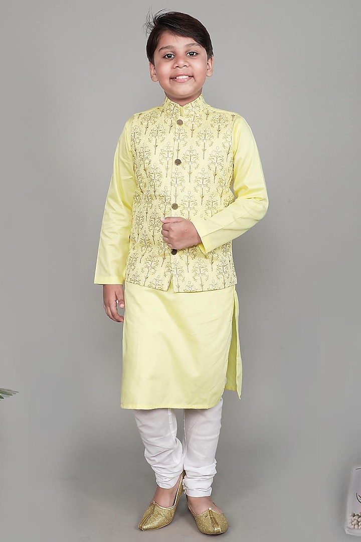 Yellow Cotton Silk Embroidered Nehru Jacket Set For Boys by Li'l Me